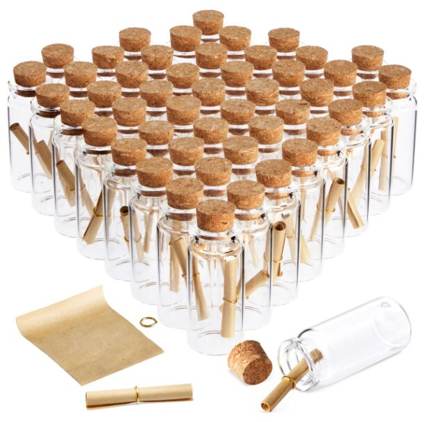 48-piece, 10-milliliter pack Make a Message in a Bottle Kit, Personalized Wedding Favors, Large Quantity Small Glass Cork Bottles with Mini Scrolls