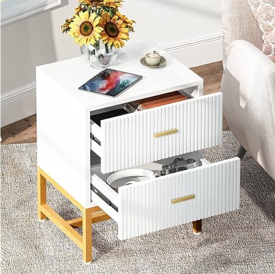 Modern Striped Night Stands Bed Side Table with Storage, White and Gold End Table Wood Metal Side Table for Living Room, Bedroom