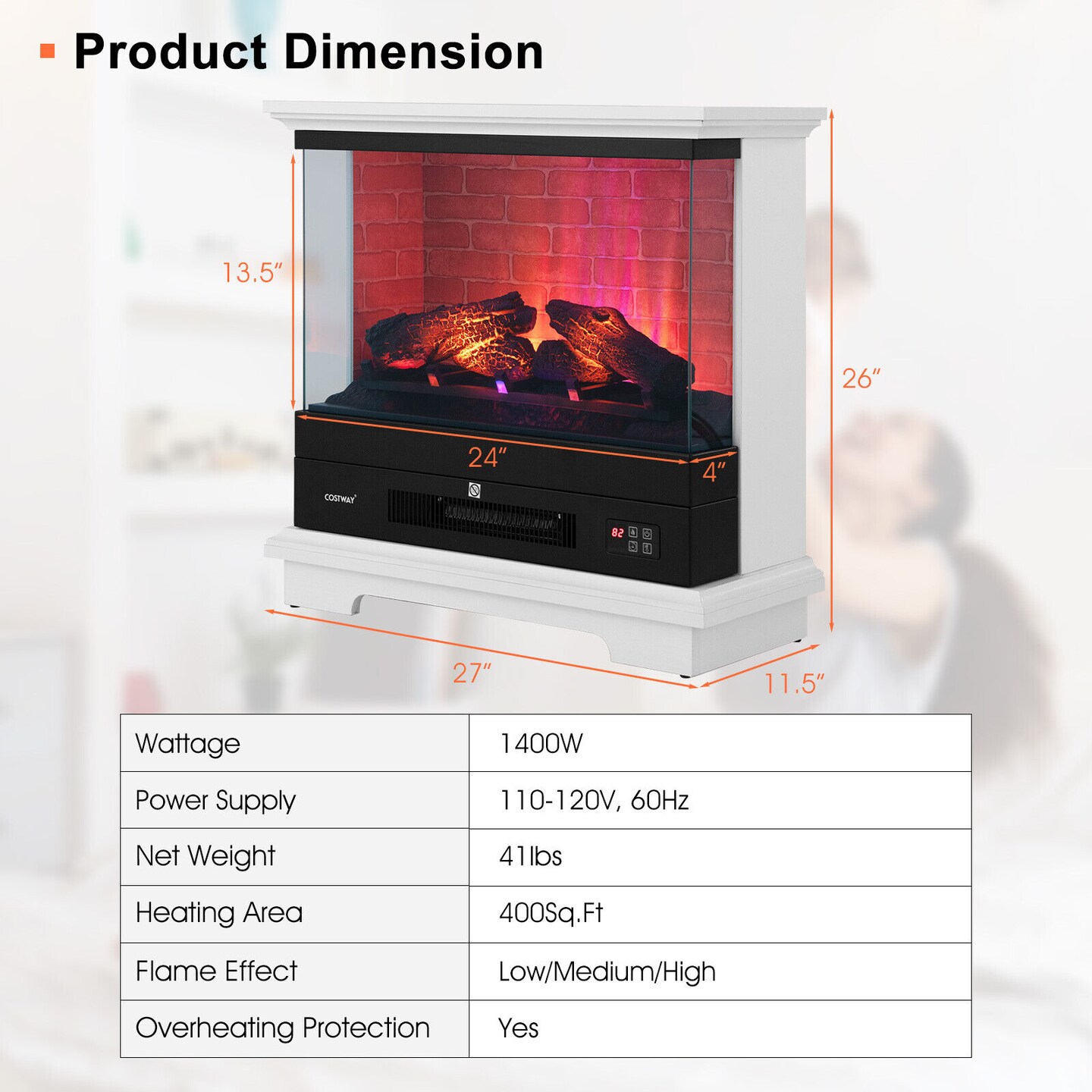 Freestanding Electric Fireplace with 3-Level Vivid Flame Thermostat