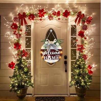 Interchangeable Seasonal Christmas Welcome Sign Front Door Decor, Christmas Decor Housewarming Gifts, Welcome to Our Home Sign Christmas Wreath with Lights