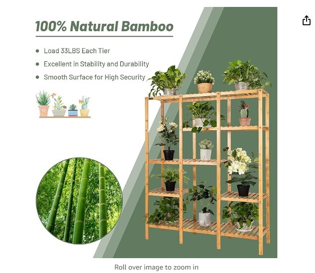 Indoor Plant Stand, Bamboo Utility Shelf with Storage Organizer Pots, Outdoor Tiered Plant Shelf for Multiple Plants, for Window, Garden, Balcony, and Living Room
