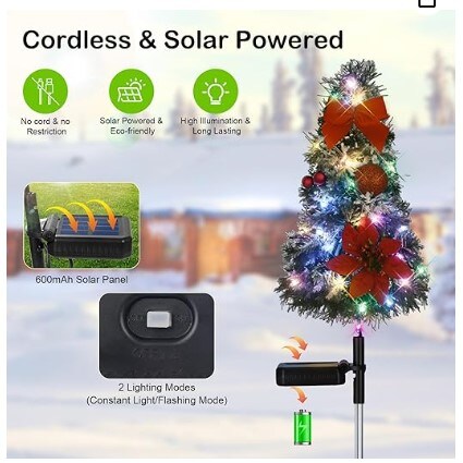 2 Pack 27.16 IN Solar Christmas Tree Lights Decorations Outdoor Waterproof Small Artificial Christmas Tree Decorative Lights, 2 Lighting Modes, Xmas Pathway Lights for Garden Patio Cemetery Decor