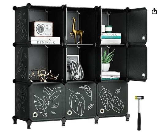Closet Organiser, 9 Cube Storage Organiser with Doors, Portable Closet Shelves, Modular Bookcase Closet Cabinet for Clothes, Books, Toys and Artworks (11.8x11.8x11.8 inch), Black
