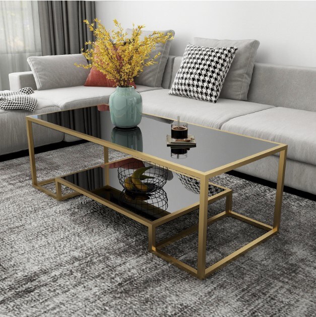 Modern Black Glass Top Coffee Table Rectangle End Side Table Gold Metal Frame