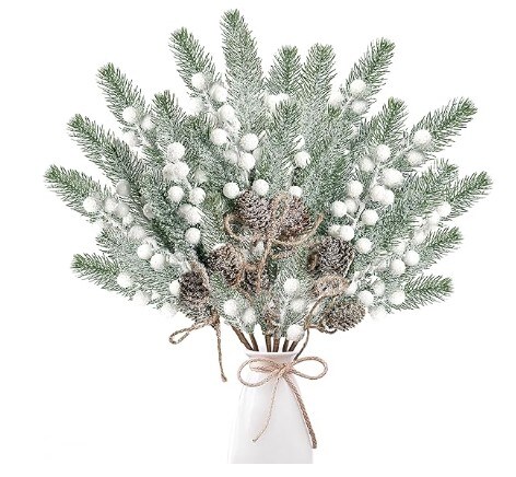 8 Pack Snow Frosted Christmas Berries Pine Picks Artificial White Berry Pine Branches Faux Pine Stem with Pine Cones for Xmas Tree Wreath DIY Craft Floral Arrangement Holiday Decor (White)