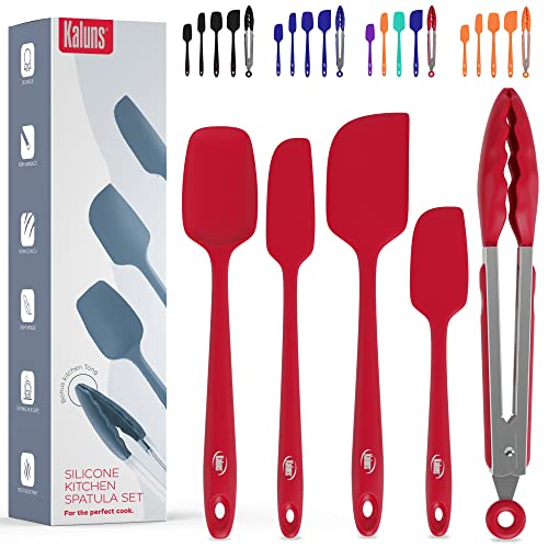 Kaluns Silicone Spatula Set 5 Pcs Rubber Spatulas Silicone Heat Resistant 600&#xB0;F, Spatulas for Nonstick Cookware, Seamless Design with Stainless Steel Core, Dishwasher Safe, Bonus Tongs Included