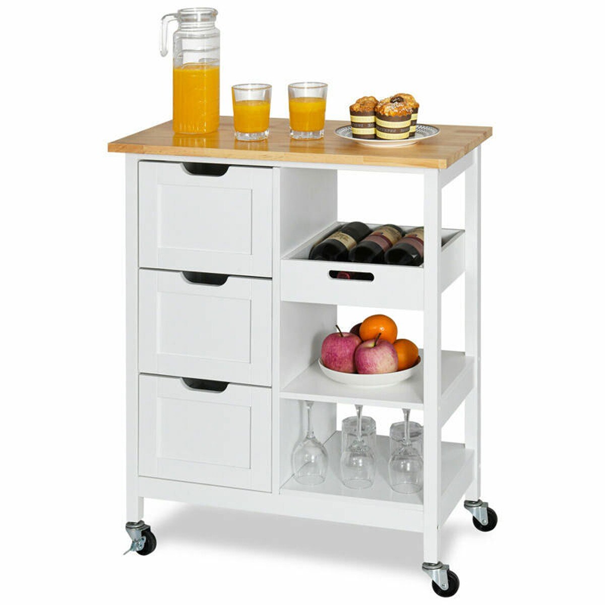 3 Tier Durable Trolley Cart Wood Storage Drawers with Wheels