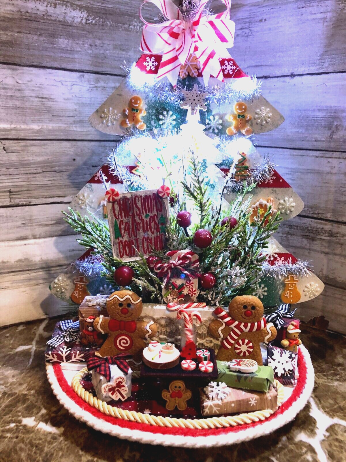 Decorative Christmas Tree with Gingerbread Men and Lights Table Decor