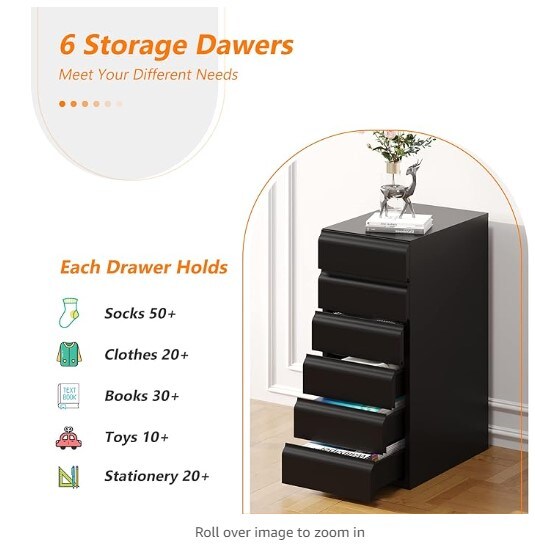 Modern Dresser Chest Storage Cabinet with Metal Sliding Rail, Metal Cabinet with 6 Drawers, 6-Layer Under Desk Storage Drawer for Living Room, Entryway, Office (Black)