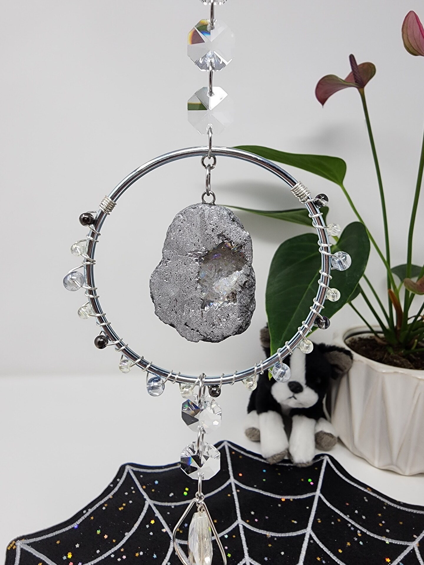 Druzy and Crystal Suncatcher: beaded, wire wrapped, home and garden décor, gift for her, hanging, rainbow, prism, window, mom, sunroom.
