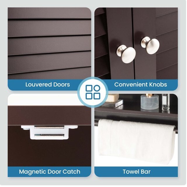 Espresso Bathroom Wall Mounted Medicine Cabinet with Louvered Doors and Towel Bar