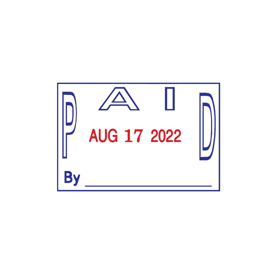 2000 PLUS Date and Phrase Stamp with Band Shield, 2-Color, PAID, 1-1/4&#x22; x 1-13/16&#x22; Impression, Self-Inking, Red and Blue Ink