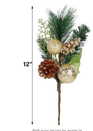 6 Pack 12'' Elegant Faux Picks for Christmas Gold & Silver Globe Ornaments + Pine Cone + Green Poinsettia Leaf + Mini Gold Balls