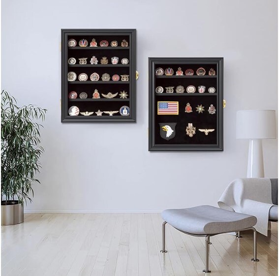 Military Challenge Coin Display Shadow Box - Pin Display Cabinet with Removable Shelves and Badge Pinnable Background Ribbons Buttons Insignia Small Black