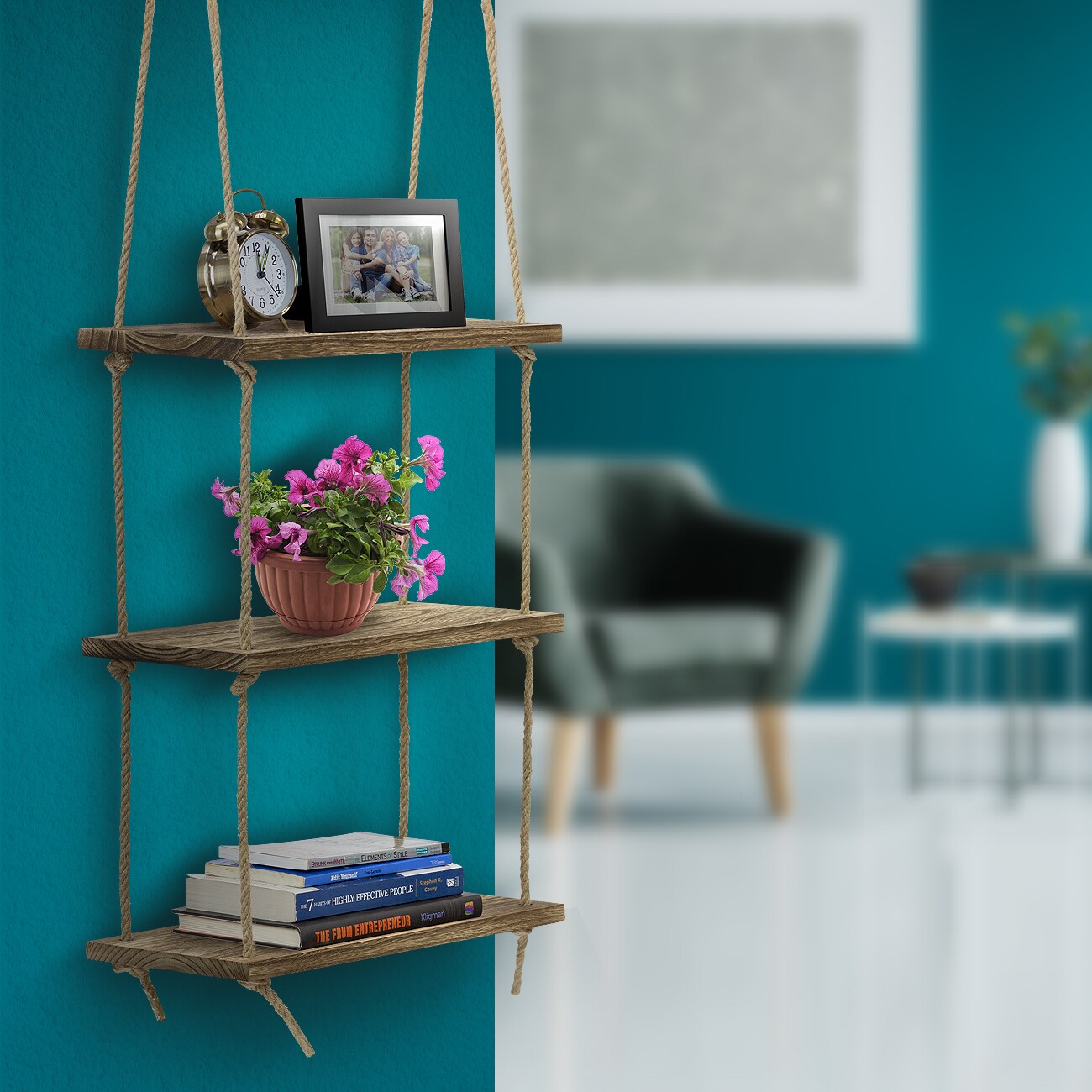Sorbus 3-Tier Rustic Wood Hanging Rope Storage Shelves