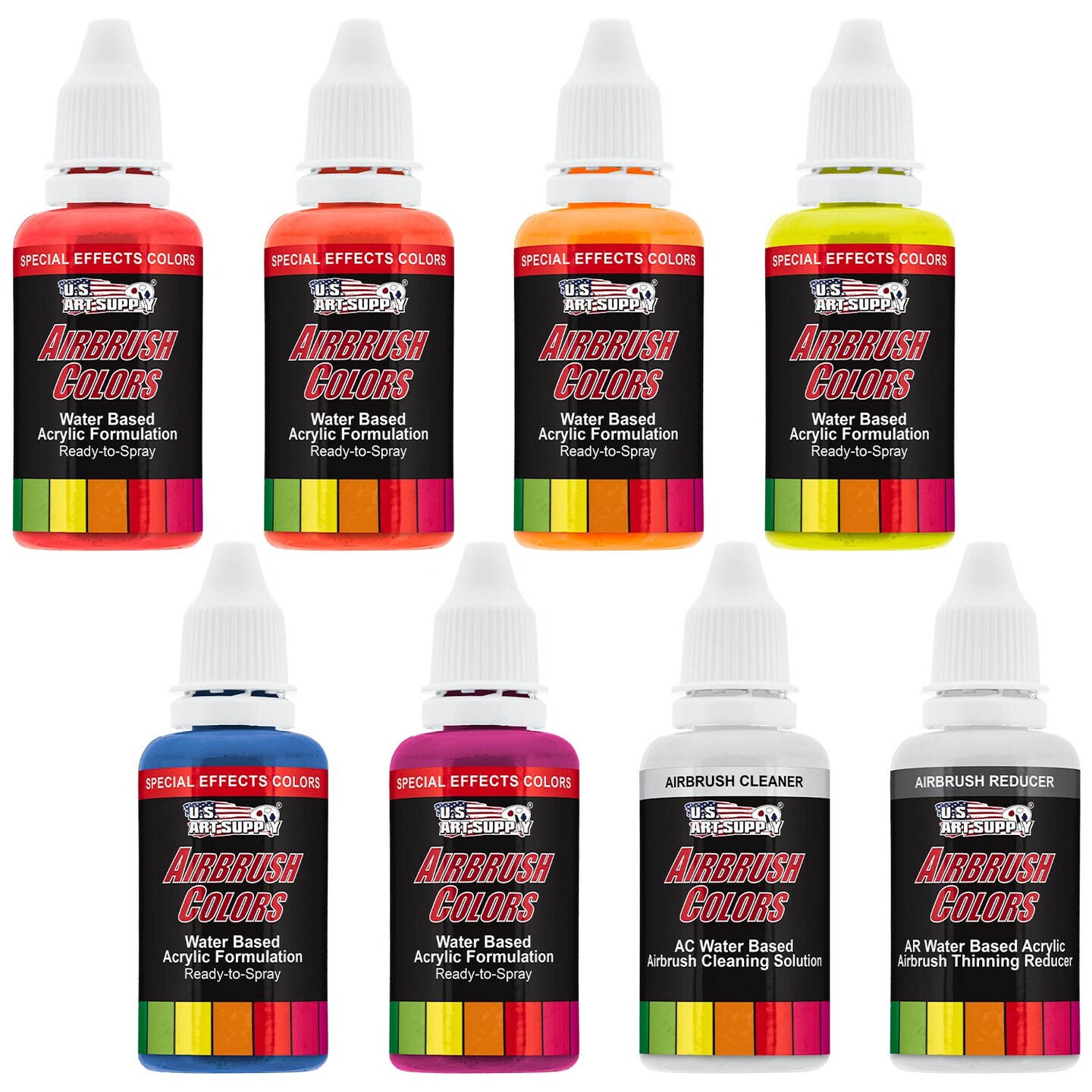 6 Color Fluorescent Acrylic Neon Colors Airbrush Paint Set with Reducer &#x26; Cleaner, 1 oz. Bottles