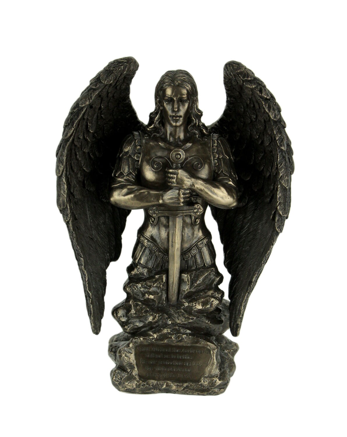 Archangel Saint Micheal In Stone Holding Sword Prayer Monument Statue