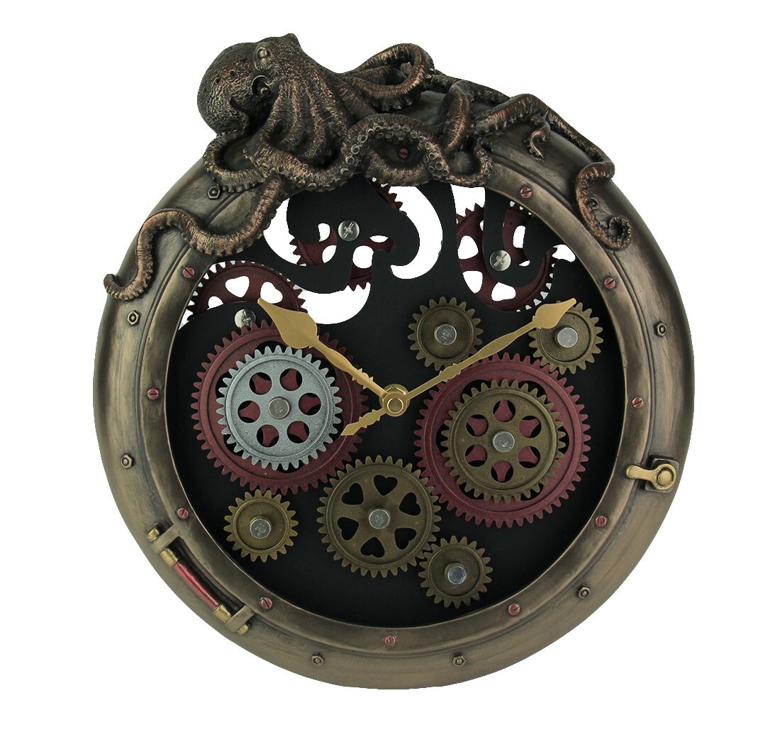 Steampunk Bronze Finish Octopus Porthole Wall Clock With Moving Gears