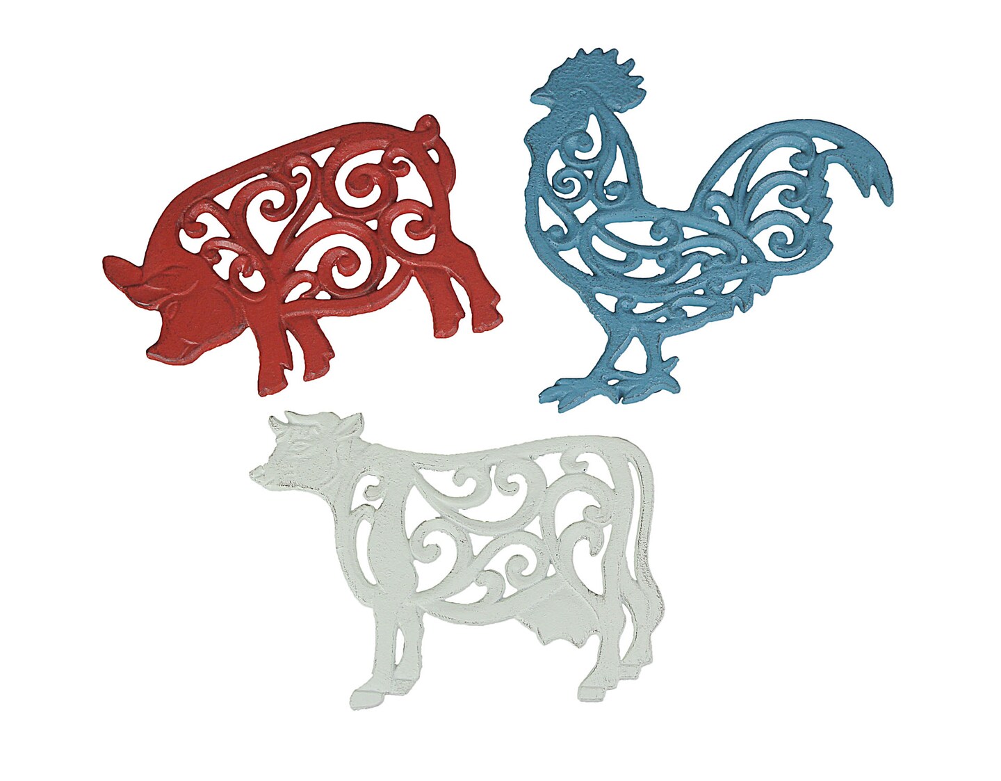 Set of 3 Cast Iron Farm Animal Kitchen Trivets Wall Hanging Art Rooster Cow Pig