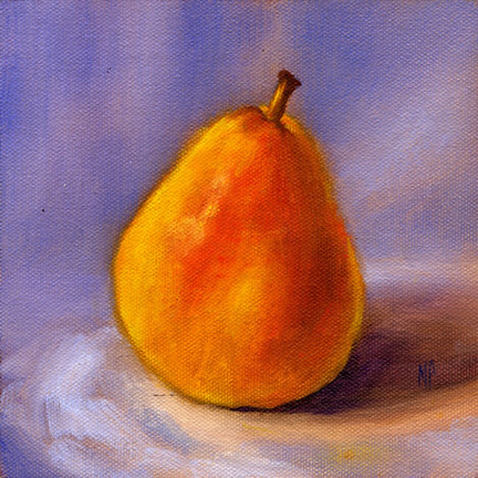Pear On Violet, Original Still Life Oil Painting on Canvas Panel 307933310399938560