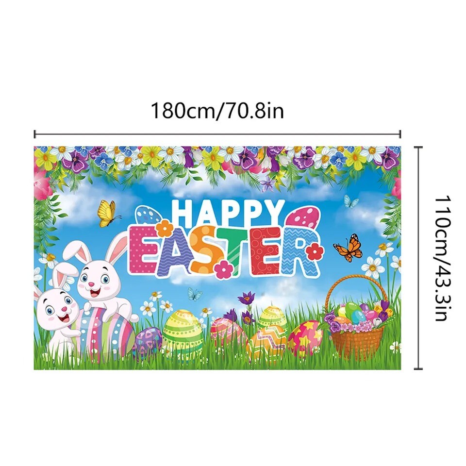 Easter Decorations Banner 71.8" X 43.3" Backdrop Happy Easter Eggs Bunny NEW