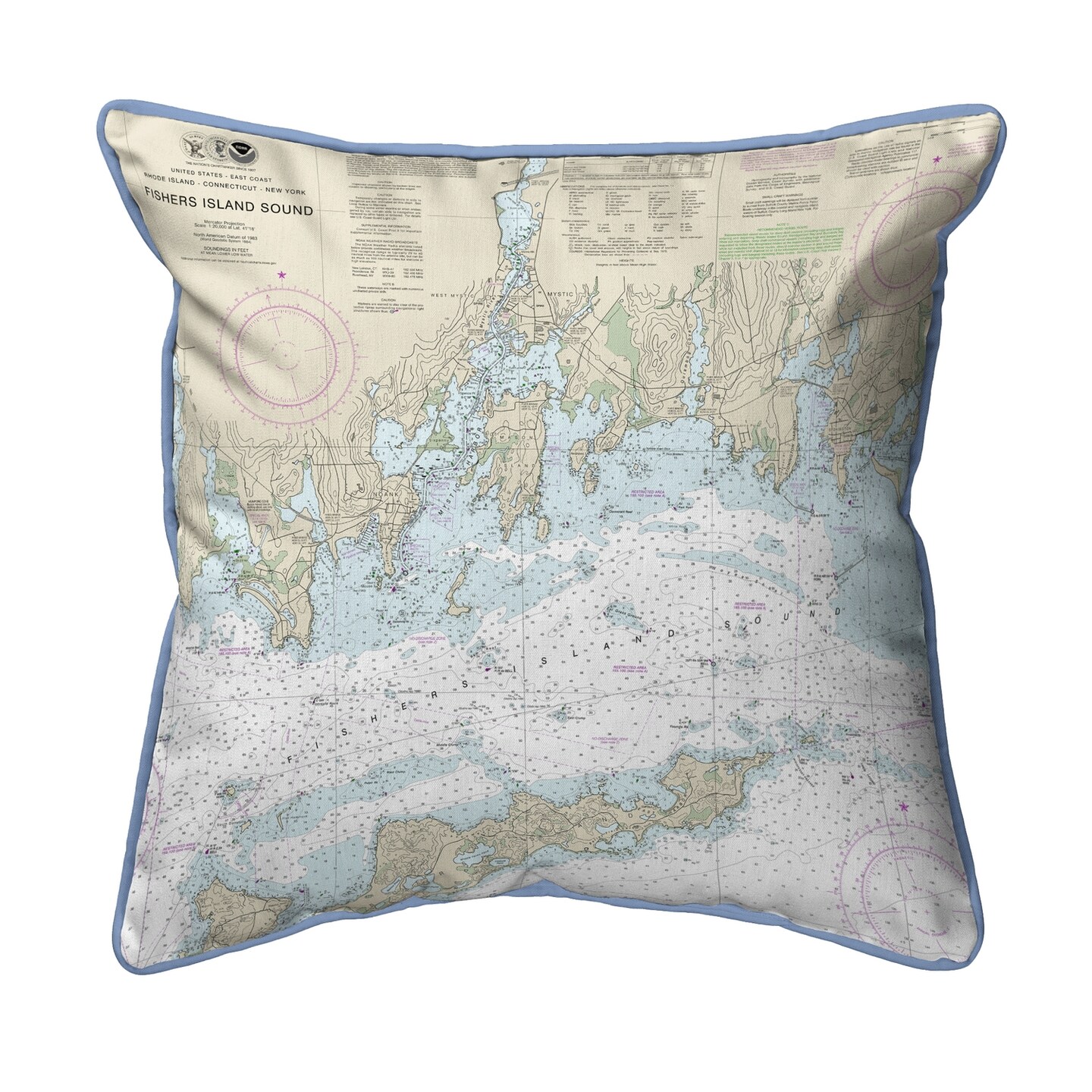 Fishers Island Sound Map Pillow 12x12 – Small Corded Indoor/Outdoor