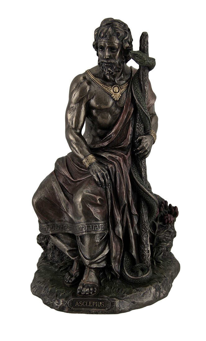 Asclepius Greek God of Medicine Holding Serpent Entwined Staff Bronzed Statue