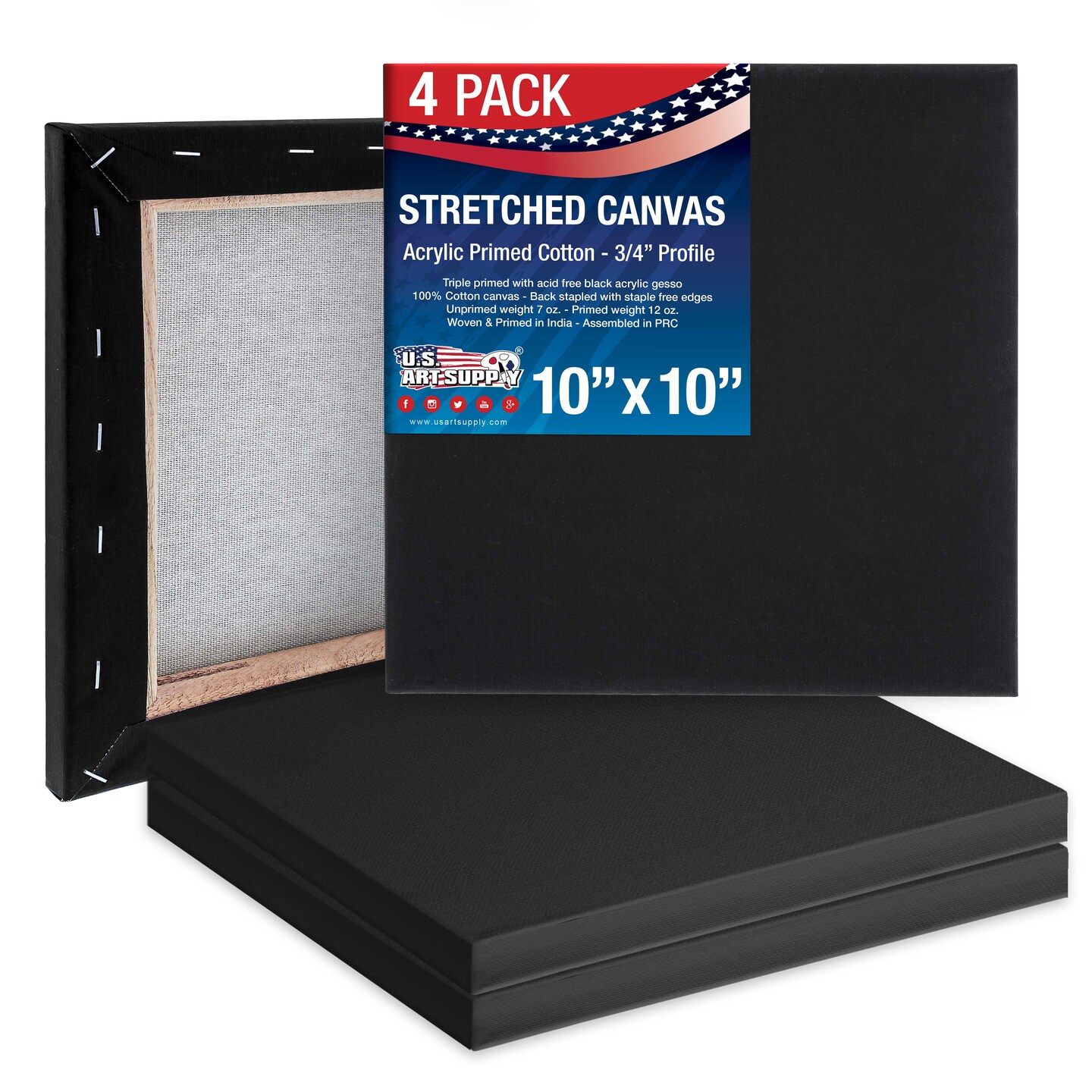 10 x 10 inch Black Stretched Canvas 12-Ounce Primed, 4-Pack - Professional Artist Quality 3/4&#x22; Profile, 100% Cotton, Heavy-Weight, Gesso