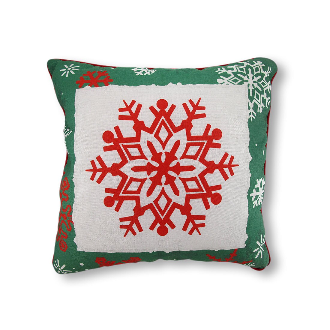 Reversible Winter Crisp Red and Green Snowflakes Pillow 18 In.