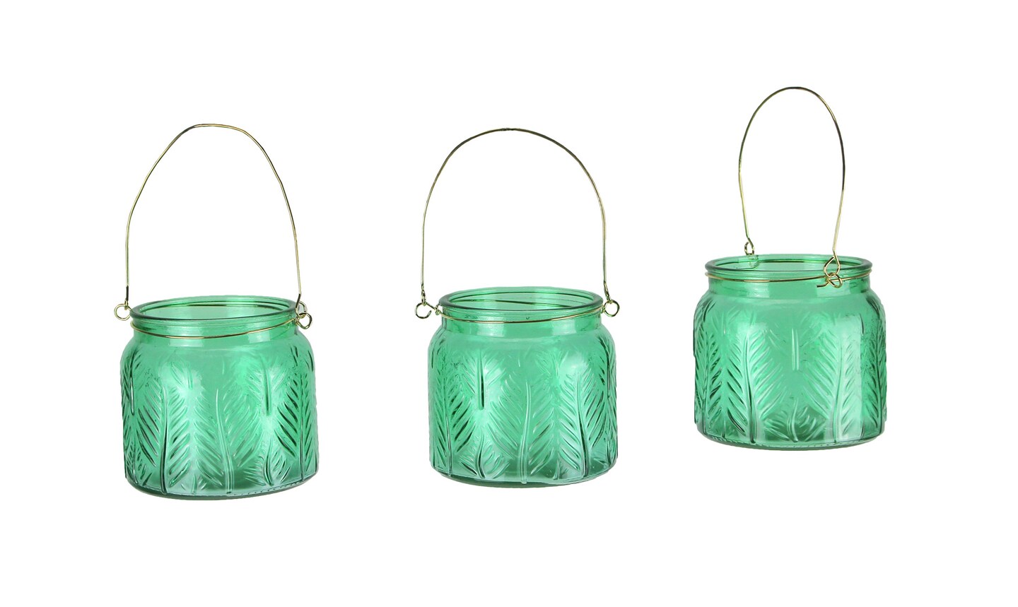 Set of 3 Leaf Textured Green Glass Tealight Candle Lanterns with Wire Handles
