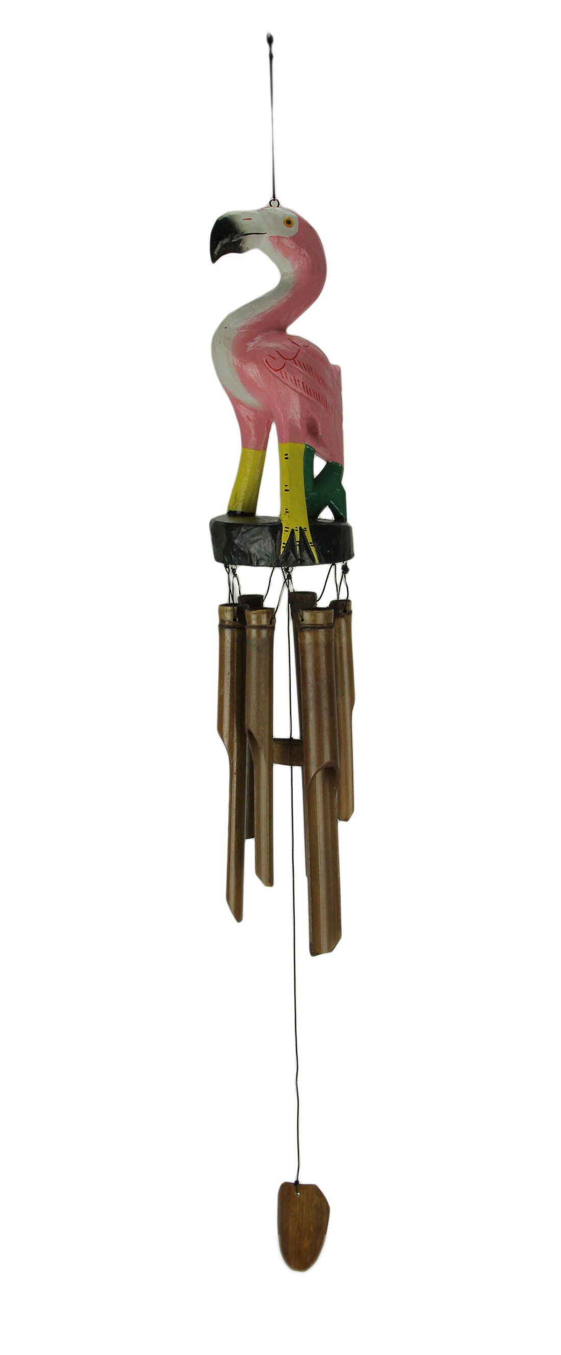 Hand Carved Wood and Bamboo Tropical Pink Flamingo  Wind Chime