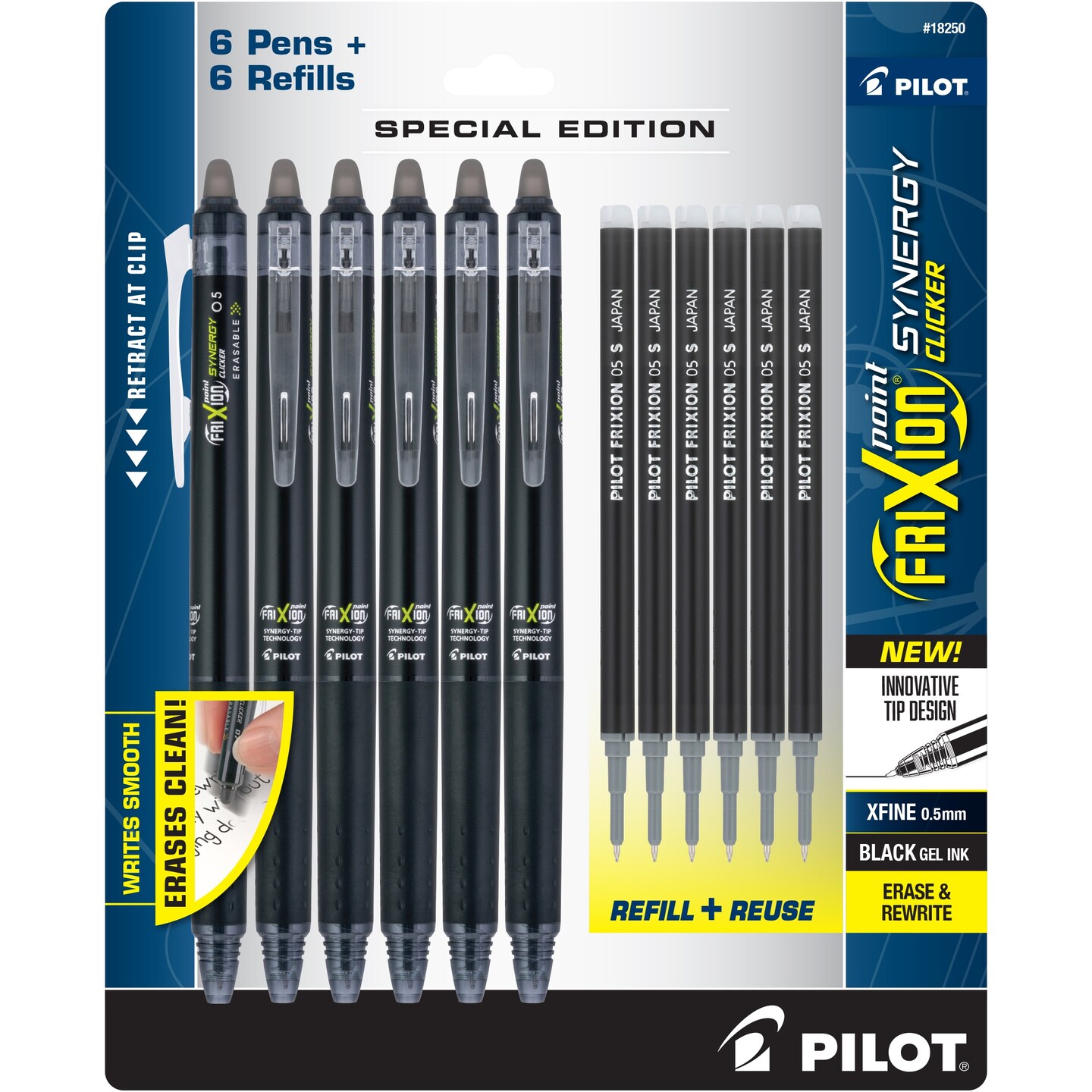 Pilot FriXion Synergy Clicker Erasable Extra Fine Pens 6/Pk-With 6 Refills, Black