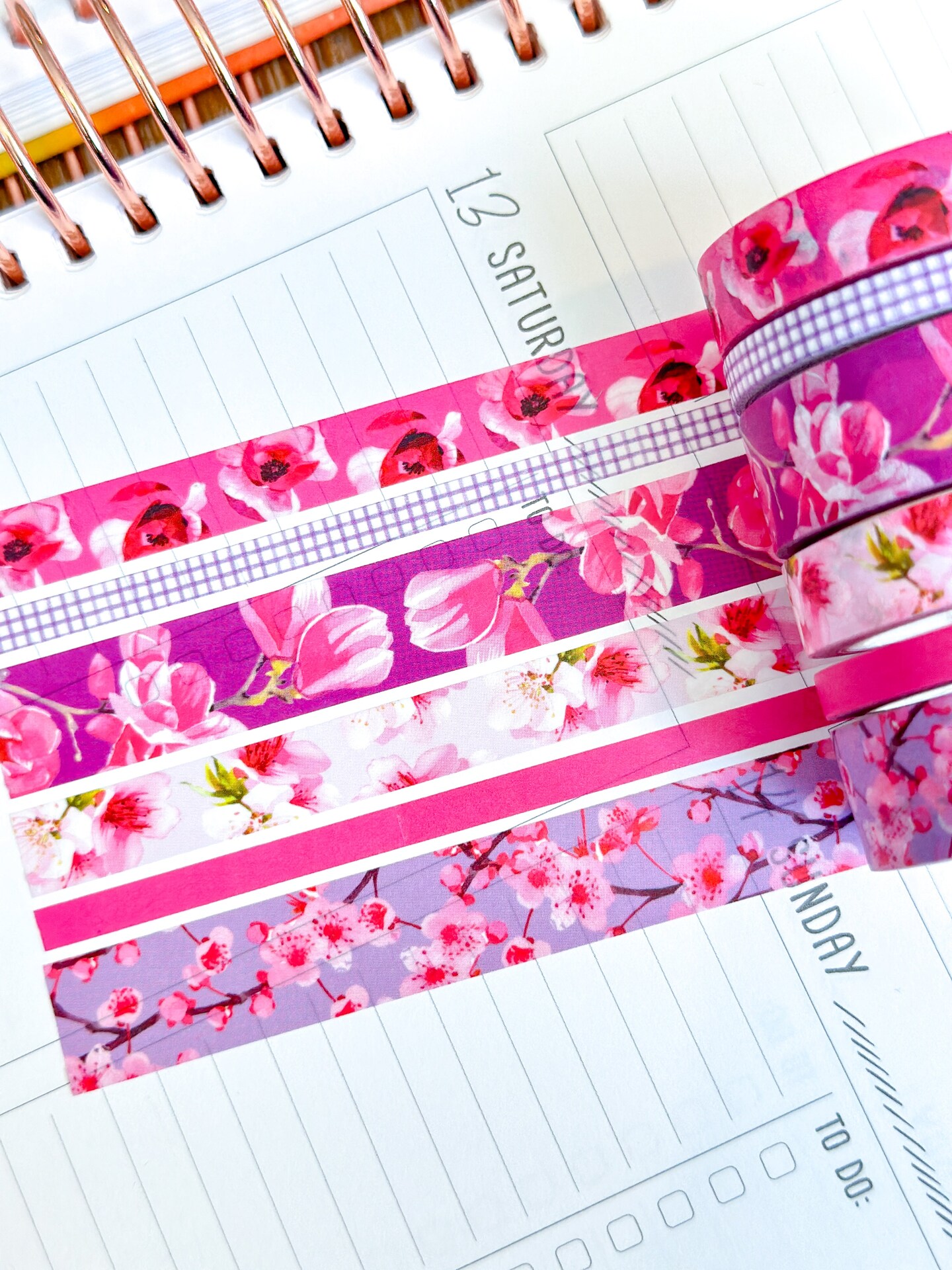 Cherry Blossoms Pink Spring Flowers Washi Tape Set April 2024 - W106