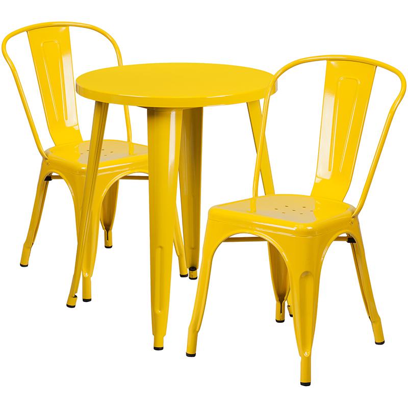 Commercial Grade 24&#x22; Round Yellow Metal Indoor-Outdoor Table Set with 2 Cafe Chairs