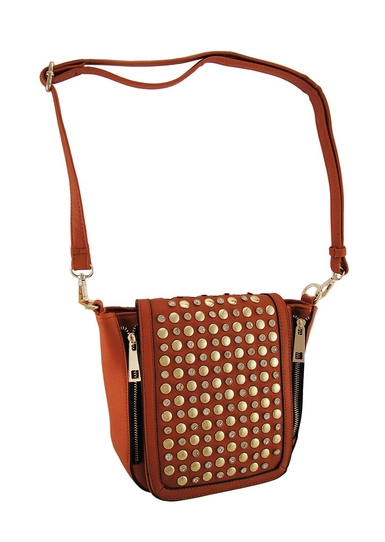 Studded Rhinestone Expandable Shoulder Bag w/Detachable Strap