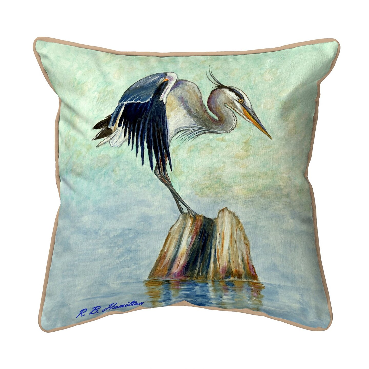 Betsy Drake Balancing Heron 22x22 Extra Large Zippered Indoor/Outdoor Pillow