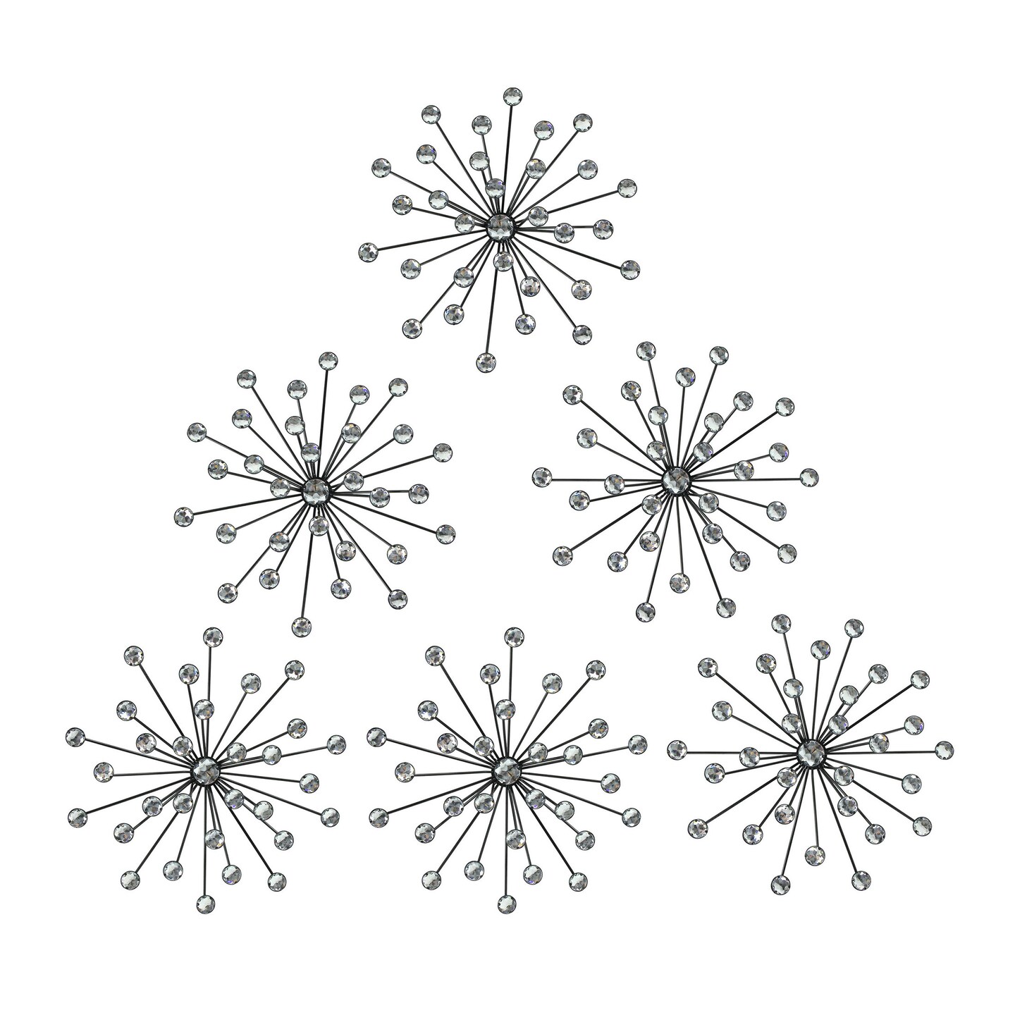 Jeweled 3D Black Bursting Star Wall Sculpture Set of 6 Mid Century Modern Décor