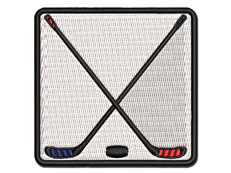 Crossed Hockey Sticks with Puck Multi-Color Embroidered Iron-On or Hook ...