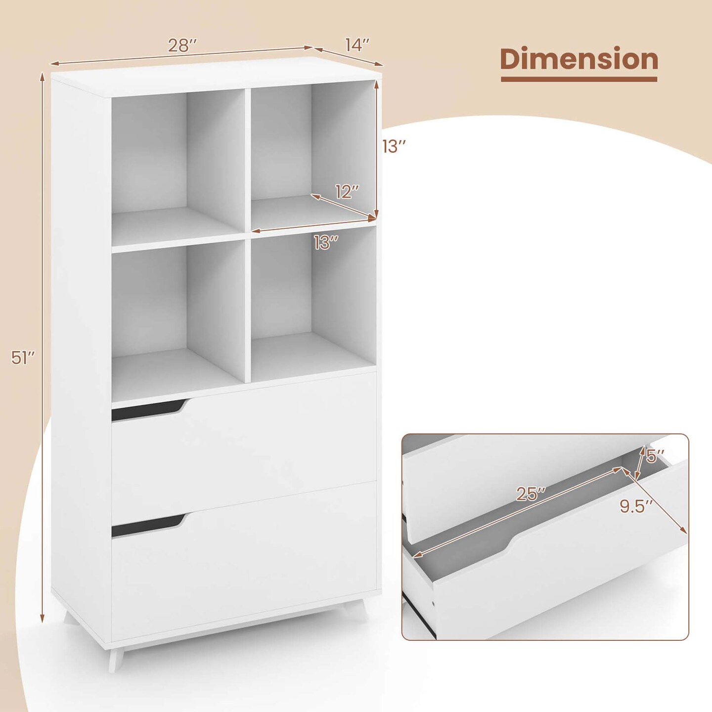 Costway Bookcase with 2 Drawers 4-Tier Open Bookshelf with 4 Storage Cubes for Home Office