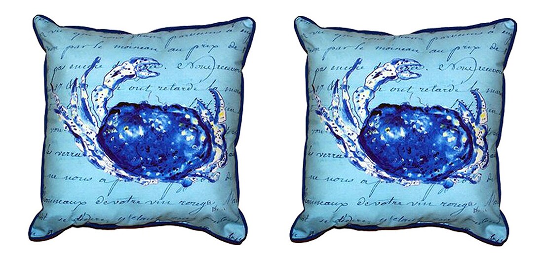 Pair of Betsy Drake Blue Script Crab Large Pillows 18 Inch X 18 Inch