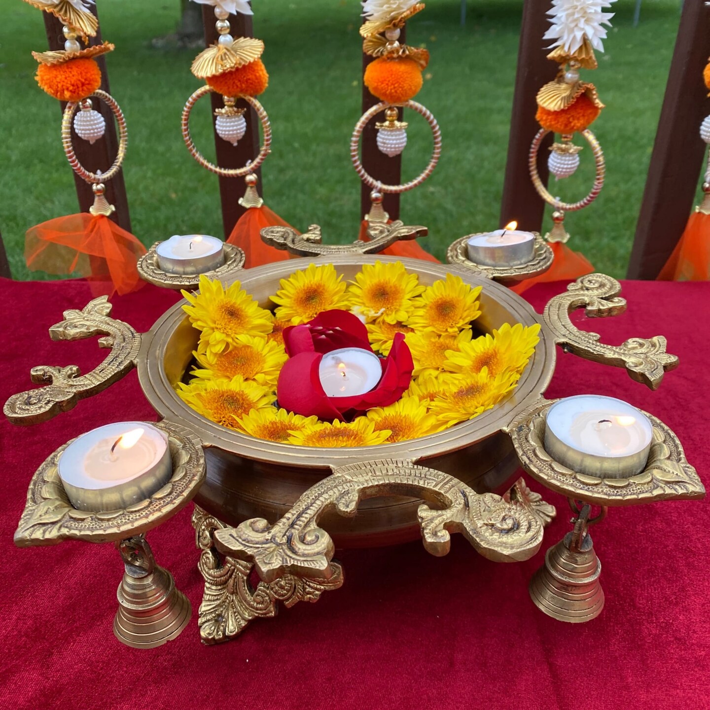 Brass Urli Bowl with Diya Bells 4.25 Inch Flower Decorative Urli Bowls for Floating Flowers Tea Light Candles Home Office Table Decor Diwali Decoration Indian Ethnic Showpiece Item (4 Diya)