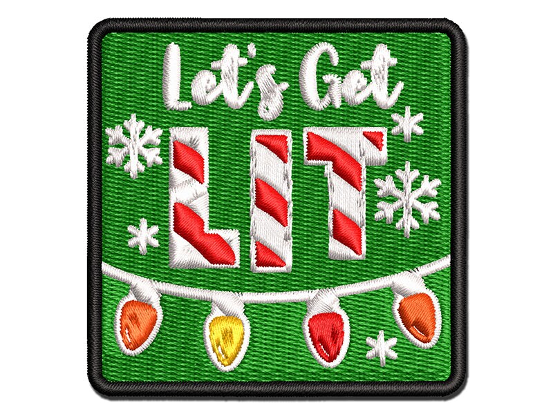 Let&#x27;s Get Lit Christmas Lights Pun Multi-Color Embroidered Iron-On or Hook &#x26; Loop Patch Applique