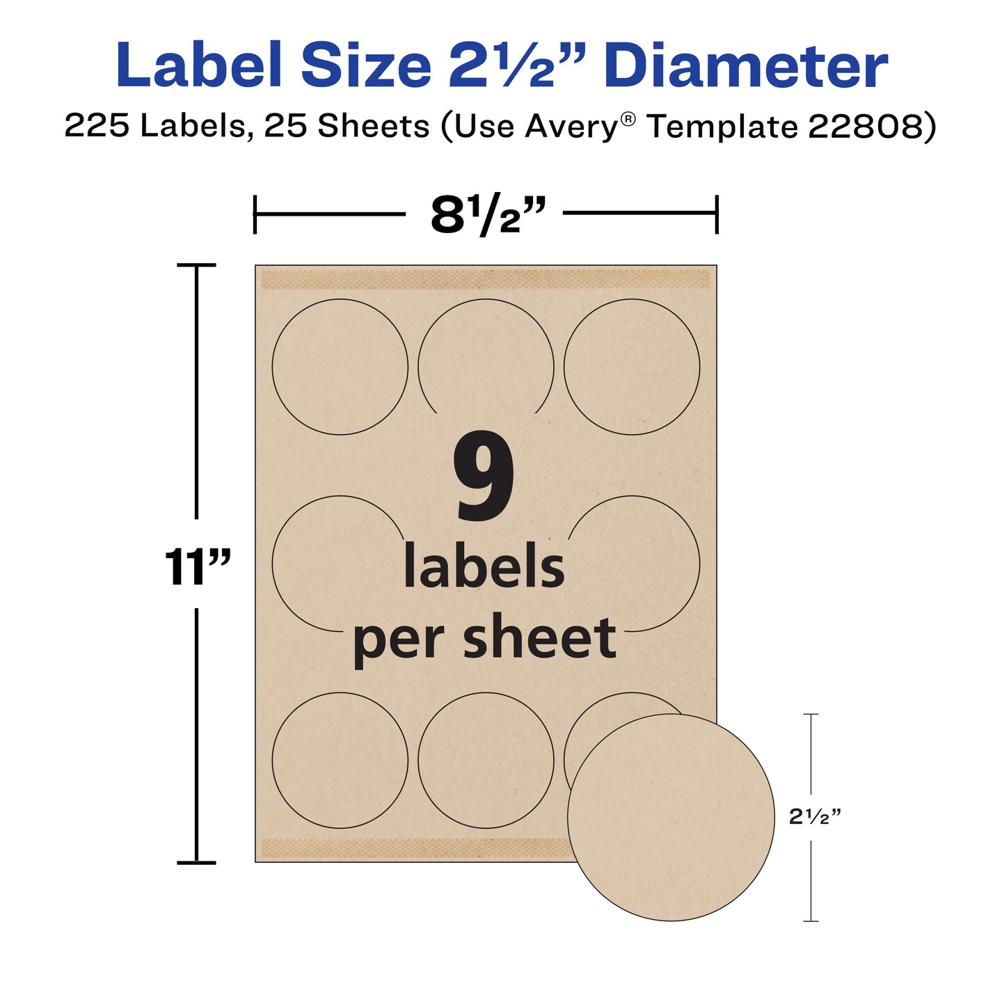 Avery Kraft Brown Round Labels with Sure Feed Technology, 2.5" Diameter, Print to the Edge, Laser/Inkjet Printable Labels, 225 Total (22808)