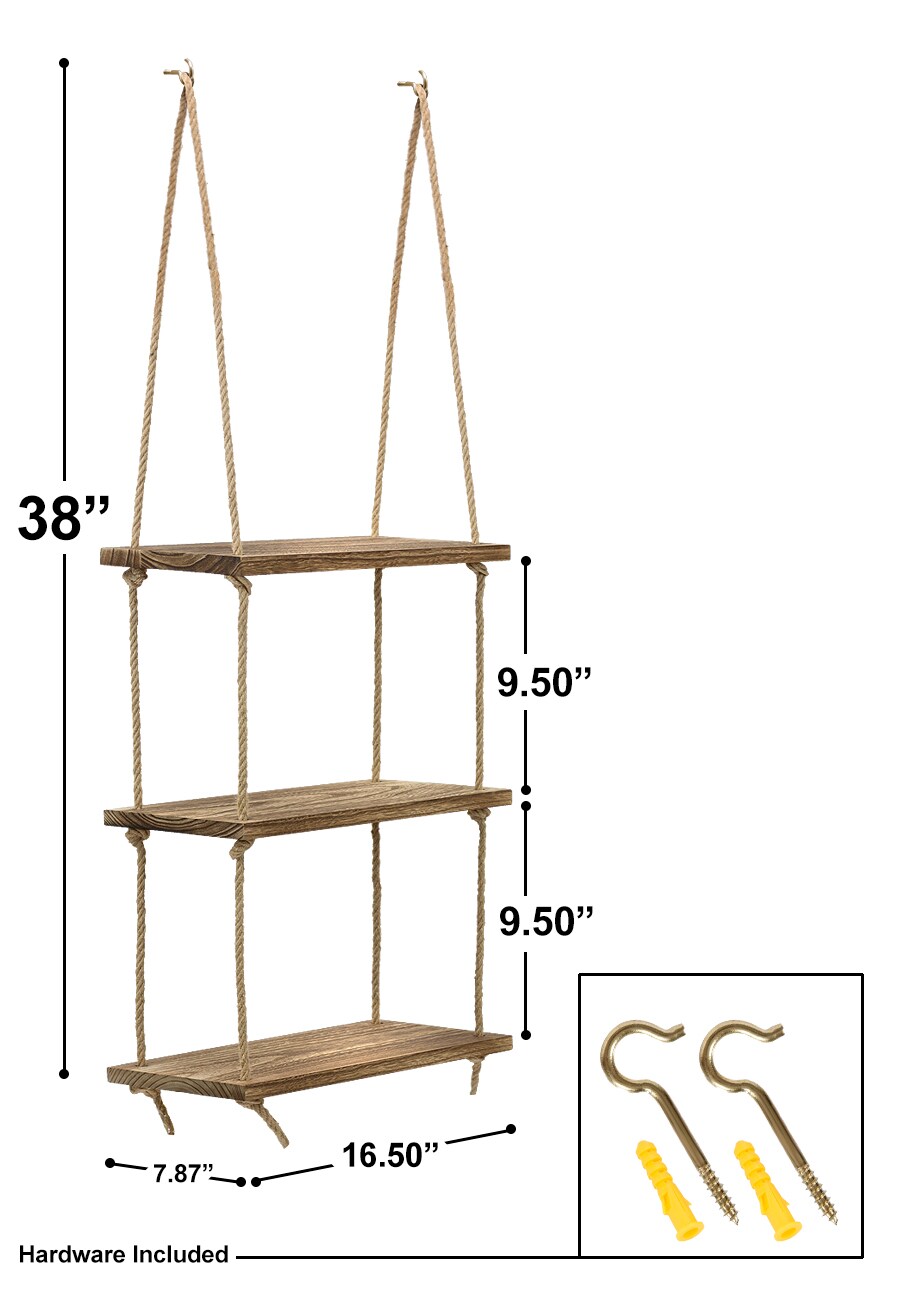 Sorbus 3-Tier Rustic Wood Hanging Rope Storage Shelves