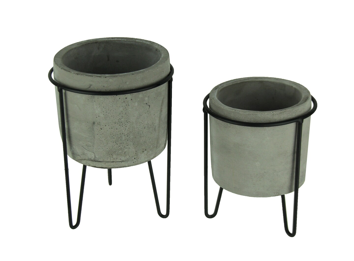 Modern Cement Planters in Black Metal Stands Set of 2