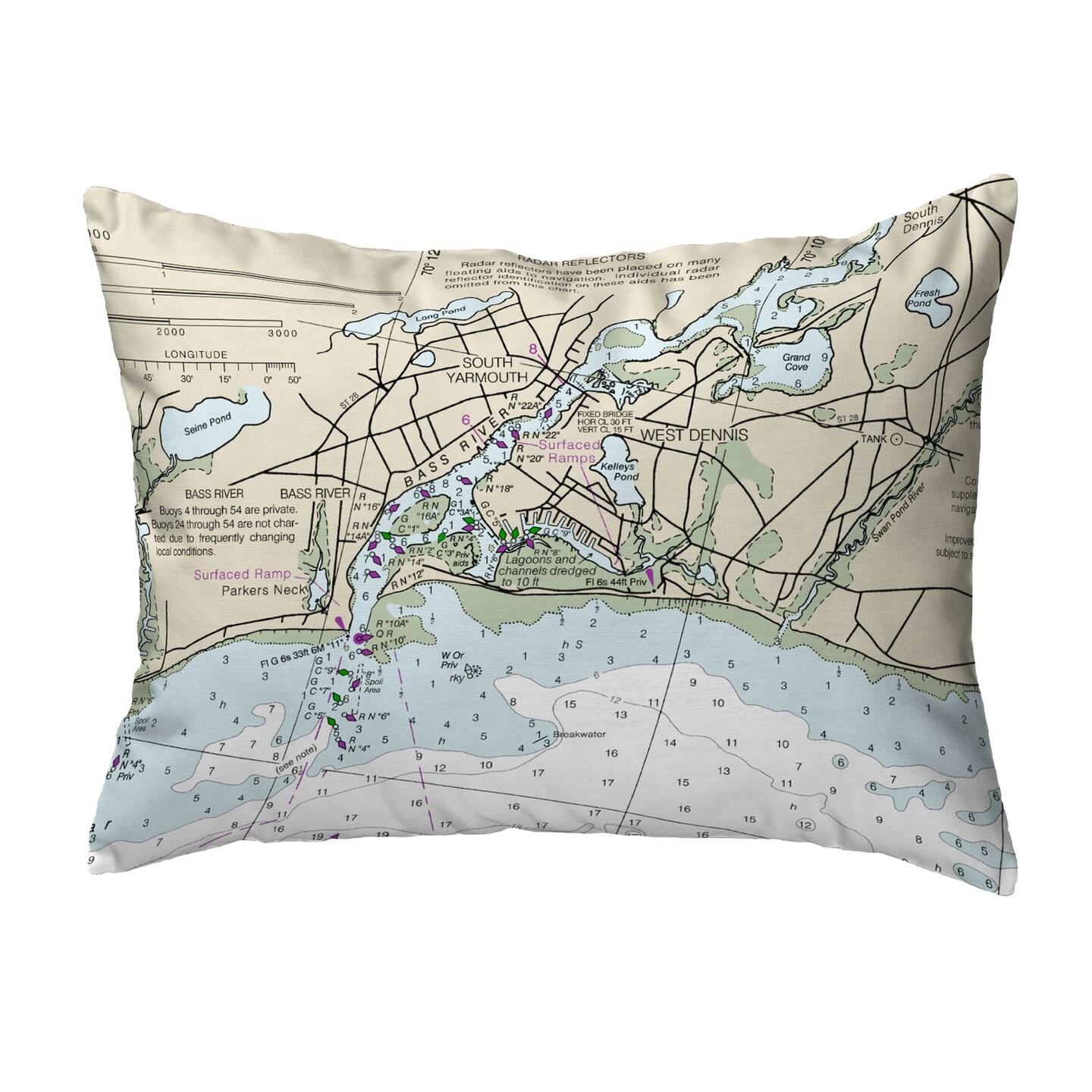 Betsy Drake Bass River, MA Nautical Map Noncorded Indoor/Outdoor Pillow ...