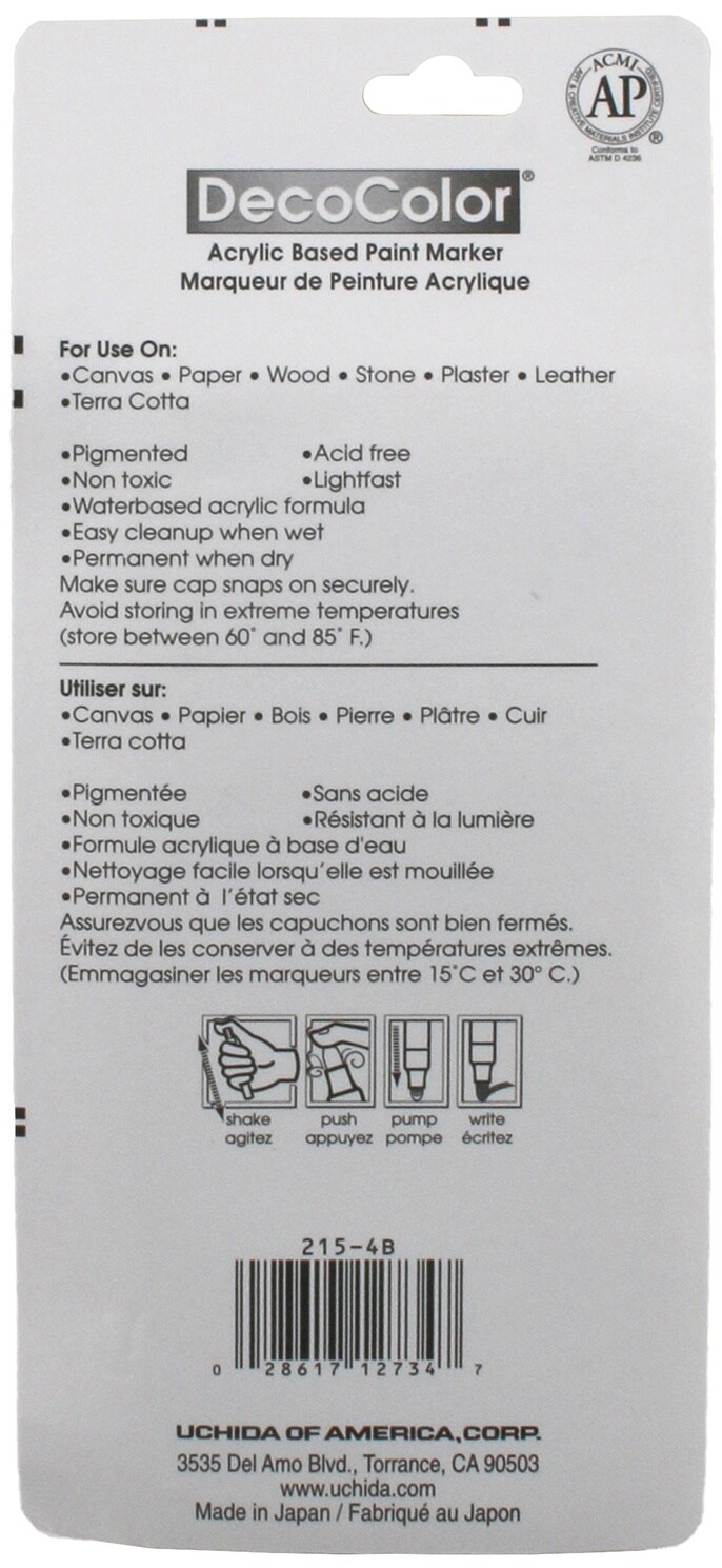 Uchida DecoColor Fine Tip Acrylic Paint Markers 4/Pkg-Black, White, Gold And Silver
