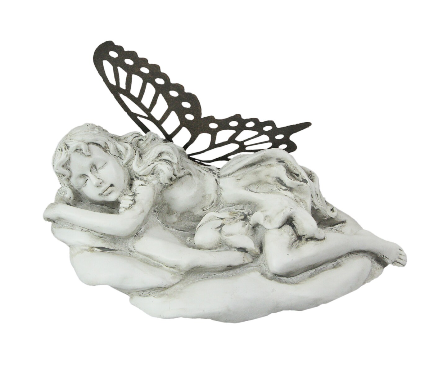 Antiqued White Sleeping Fairy Indoor / Outdoor Statue With Rustic Metal Wings