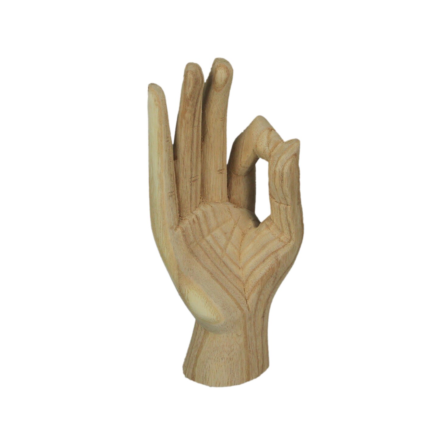 Carved Wooden A-OK Hand Gesture Statue Natural Finish 8 Inches High