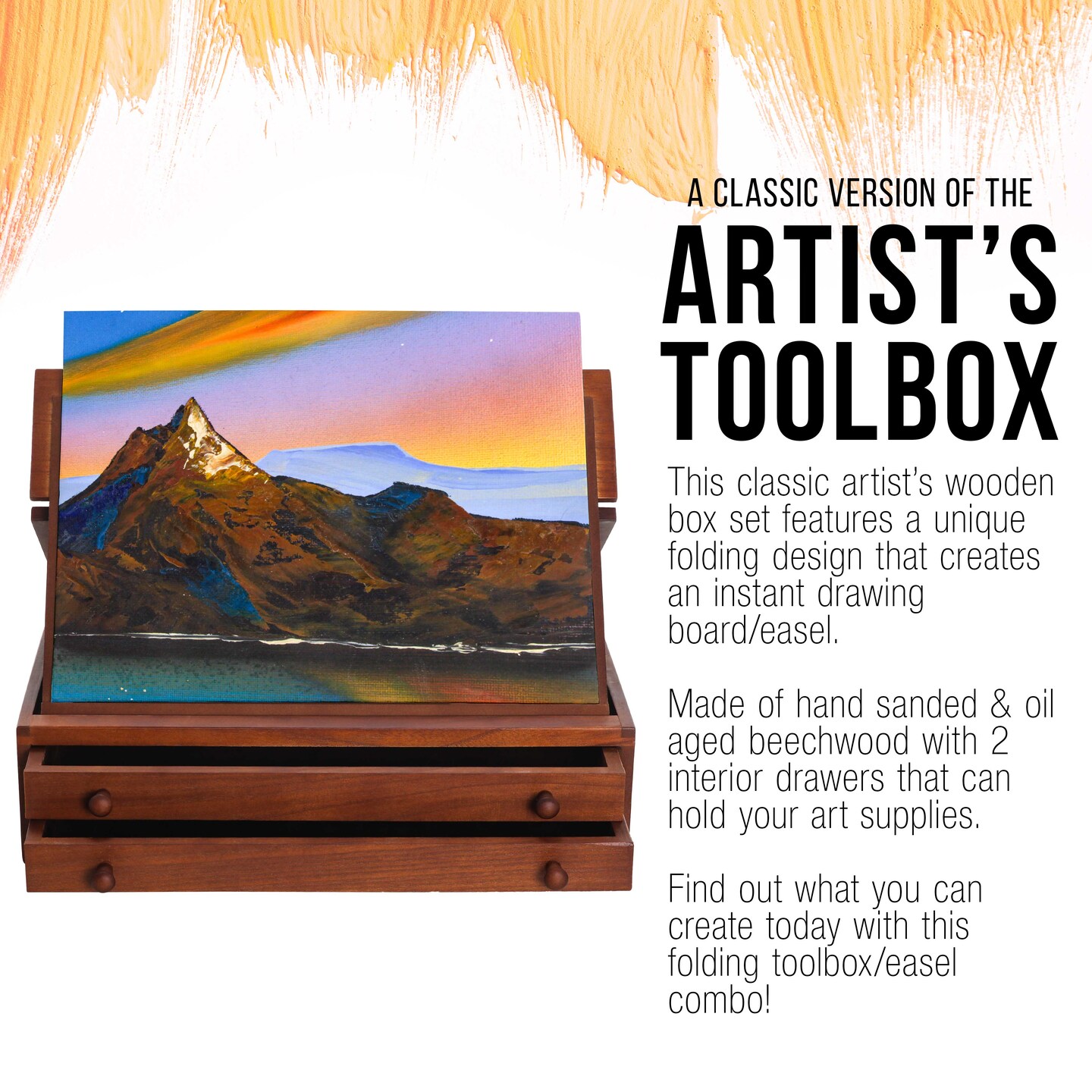 Walnut 2-Drawer Adjustable Wooden Storage Box with Fold Up Solid Drawing Easel